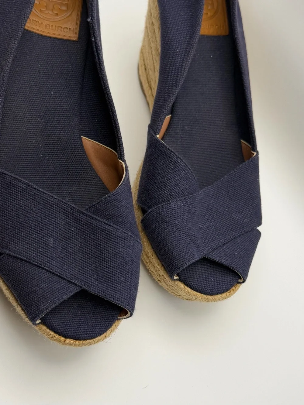 Tory Burch Navy Canvas Espadrille Wedge Peep Toe Heels Women’s 8 Coastal Preppy